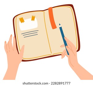 Escribir el plan diario en el formulario de lista de tareas pendientes. Manos con lápiz y horario personal, recuerda el organizador. El concepto de estudio, la vida estudiantil, el trabajo, pasar tiempo, hobbies.  Ilustración vectorial plana