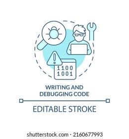 Writing and debugging code turquoise concept icon. Programming skill abstract idea thin line illustration. Isolated outline drawing. Editable stroke. Arial, Myriad Pro-Bold fonts used