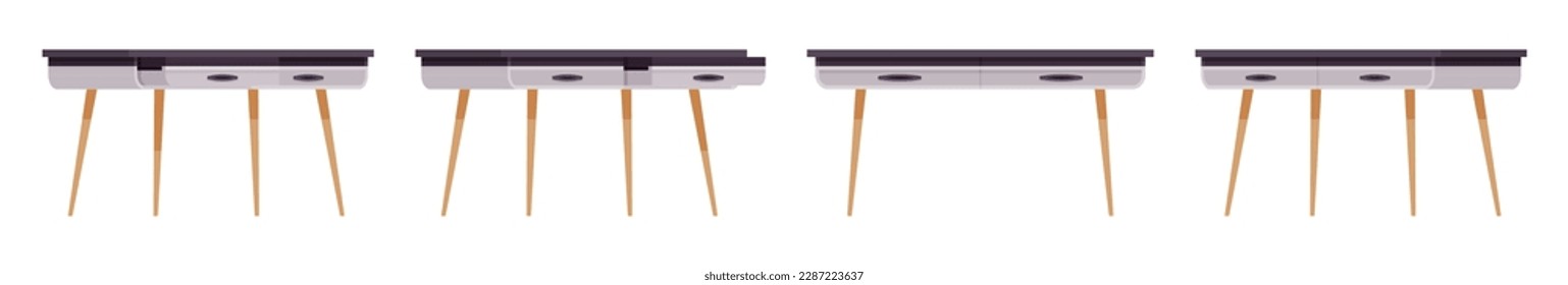 Writing desk drawers, workstation grey set. Table for work, study contemporary interior. Vector flat style cartoon home, office furniture articles isolated, white background front, side, rear view