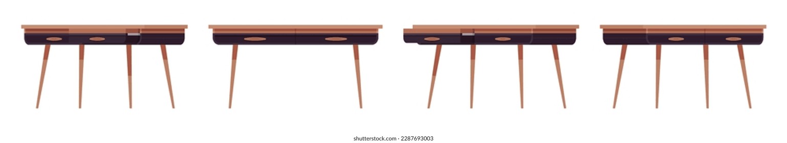 Writing desk with drawers, workstation set. Table for work, study contemporary interior. Vector flat style cartoon home, office furniture articles isolated, white background front, side, rear view