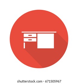 Writing desk flat design long shadow glyph icon. Vector silhouette illustration