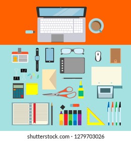 Writing desk with office tools and notebook . Vector. Flat design.