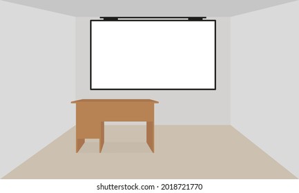 Schreibtisch und Bildschirm an der Wand im Zimmer