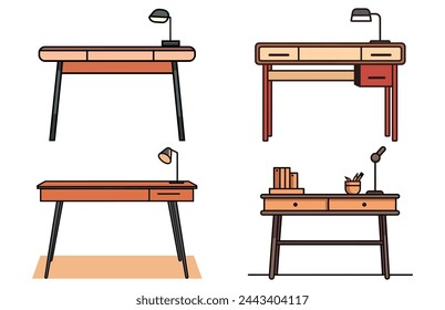 Escritorio de escritura y lámpara de mesa vector conjunto de ilustración. Escritor o estudiante en el juego de mesas
