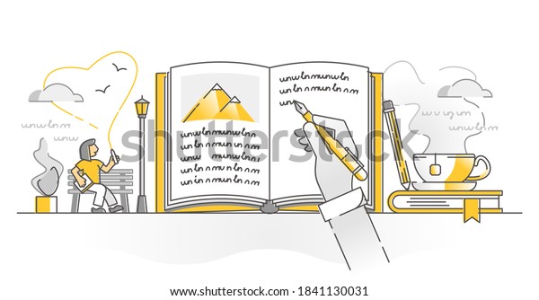 Writing diary notes as author personal\
memories monocolor outline concept. Private memo journal with\
emotional and artistic message from daily life or travel journey\
description vector\
illustration.