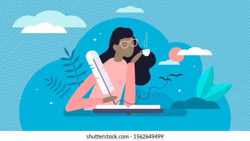 Writing diary vector illustration. Private daily events reflection in flat tiny person concept. Open memo textbook with creative story fixation process. Scene with dreamy memory handwriting author.