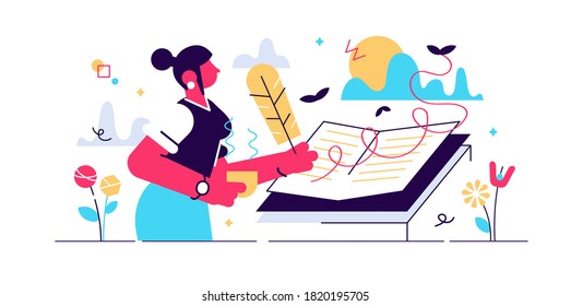 Writing diary vector illustration. Private daily events reflection in flat tiny person concept. Open memo textbook with creative story fixation process. Scene with dreamy memory handwriting author.