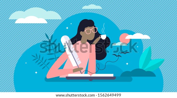 Writing diary vector illustration. Private daily\
events reflection in flat tiny person concept. Open memo textbook\
with creative story fixation process. Scene with dreamy memory\
handwriting author.