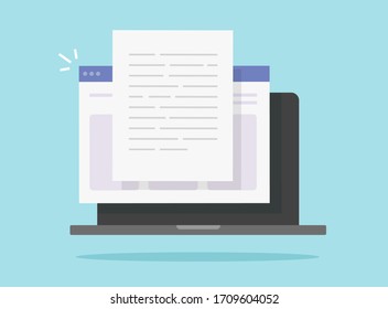 Writing digital text content online vector on laptop computer icon or creating essay internet web document or book on pc flat illustration, copywriting or text file editing concept modern design