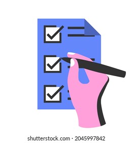 Writing To Do List. Checking plan. Businessman writes a list of cases with pencil. Vector illustration isometric design. Isolated on background. Place for text, template. Hand with pen and clipboard.