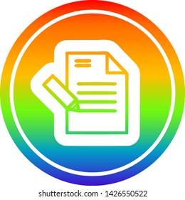 icono circular de documento de escritura con acabado degradado de arco iris