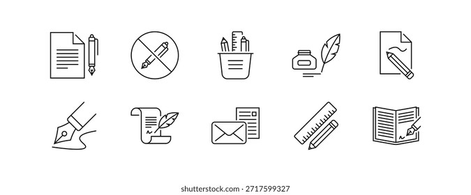 Writing and Document Icon Set with Tools and Instruments in Line Style