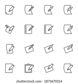 Writing document line icons set, outline vector symbol collection, linear style pictogram pack. Signs, logo illustration. Set includes icons as note paper and pen, document edit, paper clipboard