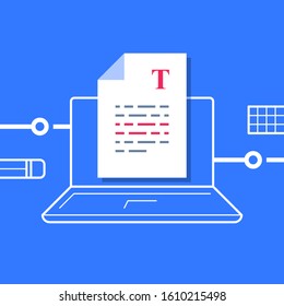 Writing a document, text editing, sheet on computer, article text improvement, storytelling or copywriting concept, summary compilation, content author, vector flat illustration