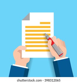 writing documents, Hand holds some documents and hand with pen signs documents. Flat vector illustration