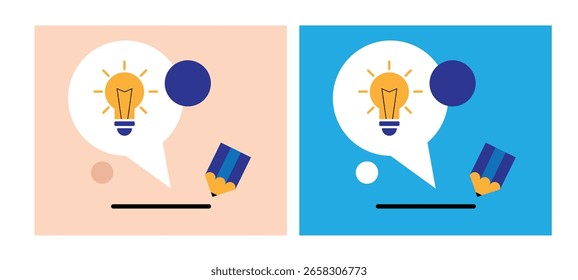 Escrevendo uma ideia criativa brilhante com lápis e lâmpada. Arte vetorial de aparelhos de escritório e comerciais