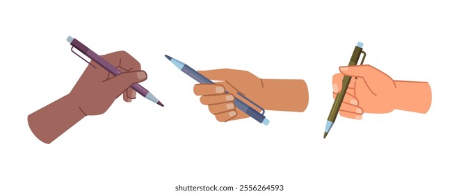 Writing down information with pen, isolated author or journalist working on text composing or editing. Vector isolated arms with stationery tool for jotting info, drawing or creating essay