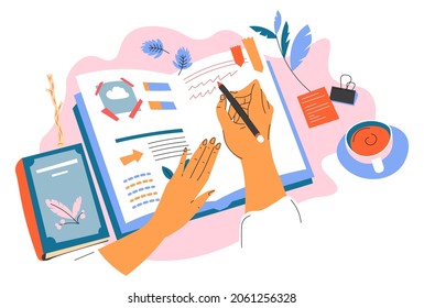 Writing down in organizer or planner, diary or notebook with fields for information and ideas notes. using pencil and pen, markers and clippers. Brainstorming and putting ideas. Vector in flat style