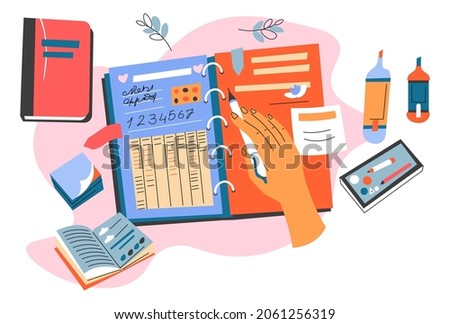 Writing down in organizer or planner, diary or notebook with stickers and fields. Markers and highlighters for important info, school supplies or office tools for effective brainstorming vector