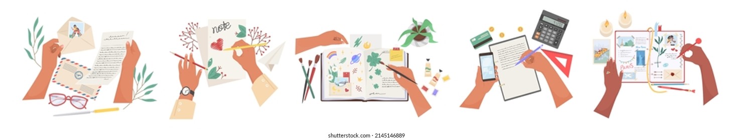 Writing   drawing hands vector scene set  Male   female arms holding pen   pencil making note  letter  art picture  business report  wish diary