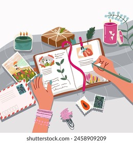 Writing and drawing hands vector scene set. Male and female arms holding pen and brush, pencil making note, letter, art picture, business report, wish diary. Vector hand drawn, isolated elements.