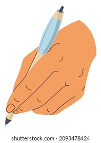 Writing or drawing, isolated hand holding pencil or pen, studying or improving painters skills. School or university, working on project. Artistic design and occupations. Vector in flat style