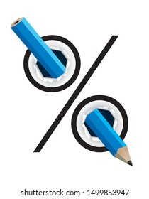 Writing and drawing supplies, discount concept.
Illustration of Blue wooden pencil in holed paper with discount symbol.Vector available.