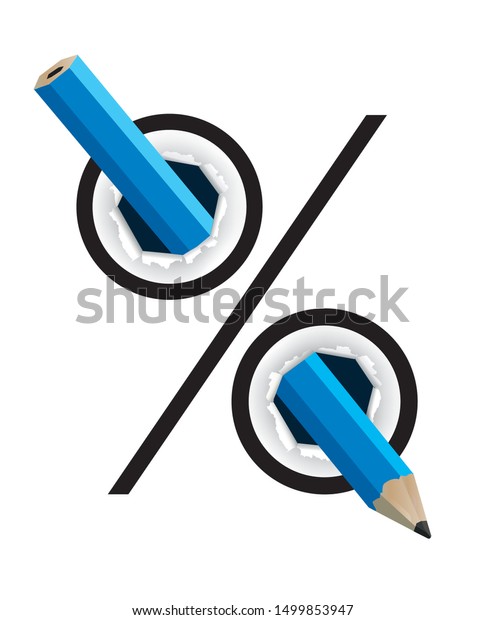Writing and drawing supplies, discount\
concept.\
Illustration of Blue wooden pencil in holed paper with\
discount symbol.Vector\
available.