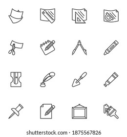 Writing and drawing tools line icons set, outline vector symbol collection, linear style pictogram pack. Signs, logo illustration. Set includes icons as stationary tool, ruler, paper, scissors, pencil