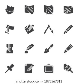 Writing and drawing tools vector icons set, modern solid symbol collection, filled style pictogram pack. Signs, logo illustration. Set includes icons as stationary tool, ruler, paper, scissors, pencil