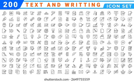 Gravando conjunto de ícones editáveis. Ilustração vetorial em estilo de linha fina moderna de ícones relacionados a texto: documentos, ferramentas, literatura e muito mais. Pictogramas e infográficos para aplicativos móveis.