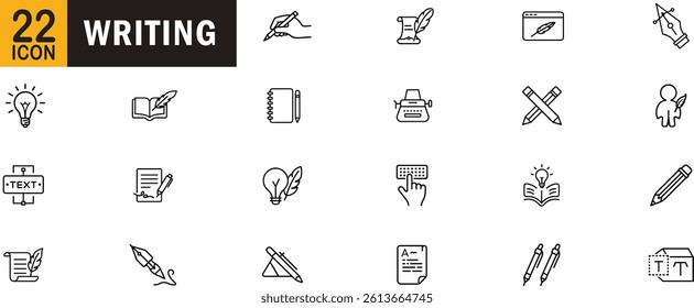 Writing editable outline icon set. Pencil typewriter text idea notebook and more.