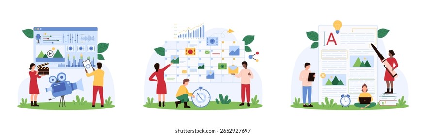 Writing, editing and planning content process set. Tiny people write text of article with pen, edit and cut video film in editor, plan social media post in calendar cartoon vector illustration