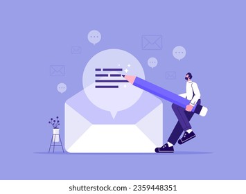 Writing email communication for best business promotion, storytelling, sending mail messages, businessman hold pencil and writing email letters