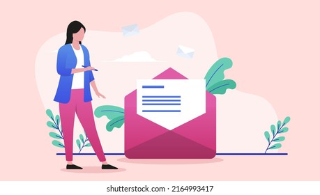 Writing Email Concept - Woman Standing  Besides Mail Symbol Holding Pen Ready To Write. Flat Design Vector Illustration