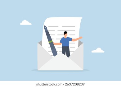 Writing email like professional, businessman opens mail envelope and holds fountain pen