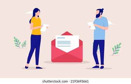 Writing e-mails for work - Two people, man and woman standing with email envelope working. Flat design vector illustration