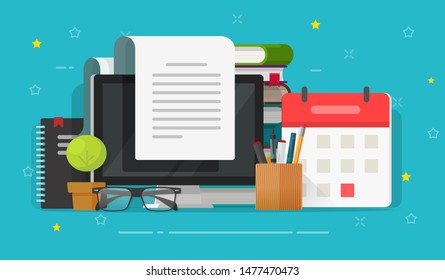 Writing essay content or diploma on computer or reading article story vector, flat cartoon working desk books, letter document or journal on screen, idea of author or writer table workplace, text file