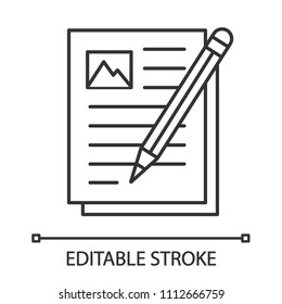 Writing essay linear icon. Thin line illustration. Typing text. Document with pencil. Contour symbol. Vector isolated outline drawing. Editable stroke