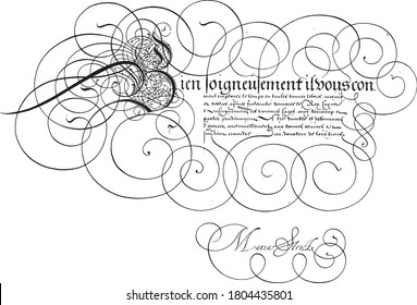 Writing example with capital B, Hans Strick, 1618 Writing example in French with capital B and seven lines of text, vintage engraving.