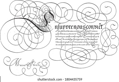 Writing example with capital E, Hans Strick, 1618 Writing example in French with capital E and seven lines of text, vintage engraving.