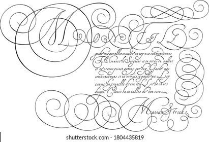 Writing example with capital M, Hans Strick, 1618 Writing example in French with capital M and seven lines of text, vintage engraving.