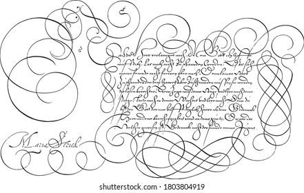 Writing example with capital N, Hans Strick, 1618 Writing example in German with capital N and nine lines of text, vintage engraving.