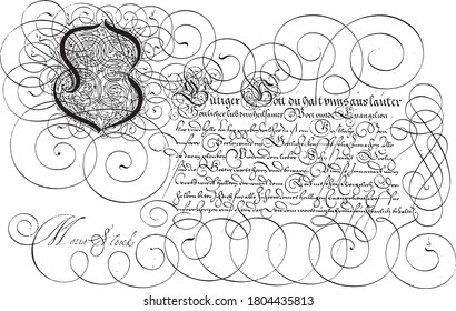 Writing example with capital O, Hans Strick, 1618 Writing example in German with capital O and nine lines of text, vintage engraving.