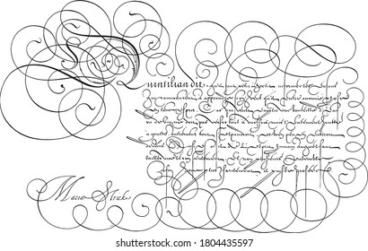 Writing example with capital Q, Hans Strick, 1618 Writing example in French with capital Q and eight lines of text, vintage engraving.