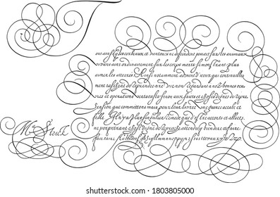 Writing example with capital T, Hans Strick, 1618 Writing example in French with capital T and nine lines of text, vintage engraving.