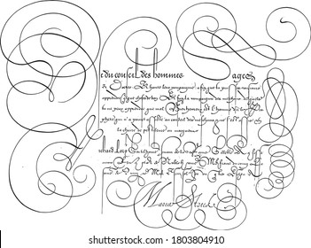 Writing example with capital U, Hans Strick, 1618 Writing example in French with capital U and six plus three lines of text, vintage engraving.