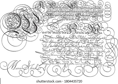 Writing example with capital W, Hans Strick, 1618 Writing example in Dutch with four lines of text, followed by the capital U with eight lines of text, vintage engraving.