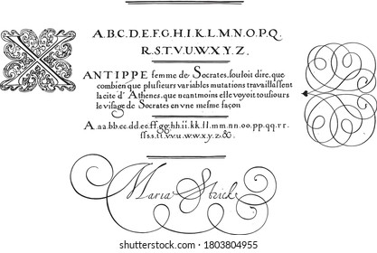 Writing example with capital X, Hans Strick, 1618 Writing example with capital X and four lines of text in French, vintage engraving.