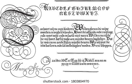 Writing example with capital Z, Hans Strick, 1618 Writing example with capital Z and six lines of text in Dutch, vintage engraving.